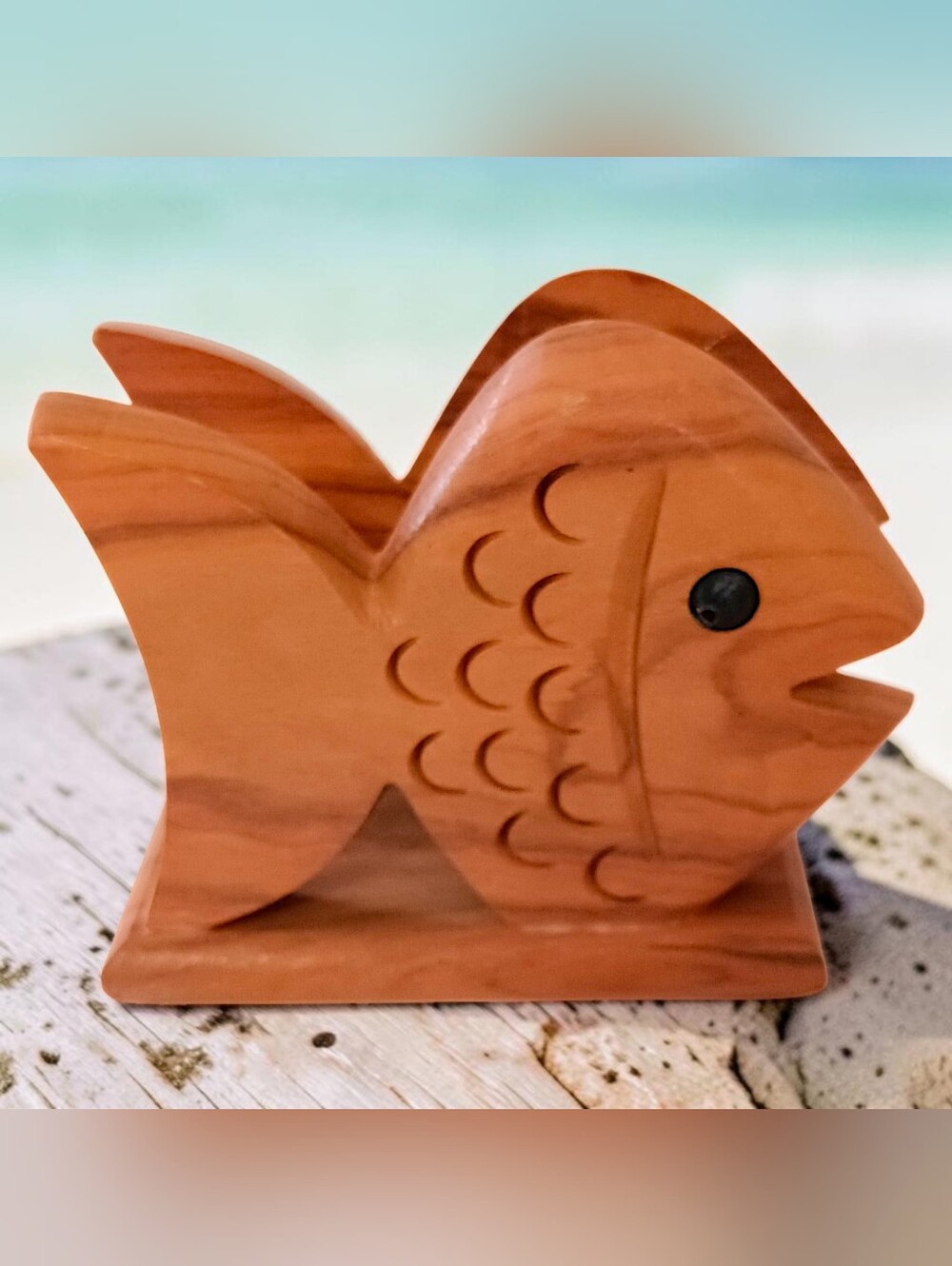 Olive Wood Fish Napkin Holder Carved Coastal Beach Kitchen Mail Desk Organizer